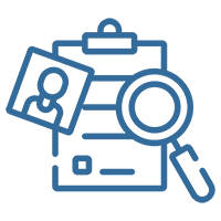 A blue icon of a magnifying glass and paper.