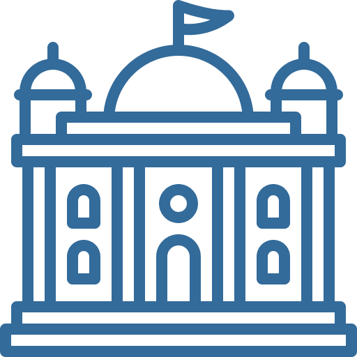 A blue building with a flag on top of it.