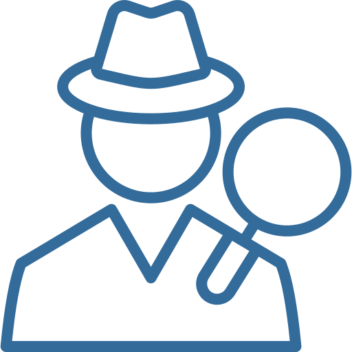 A blue outline of a man with a hat and a magnifying glass.