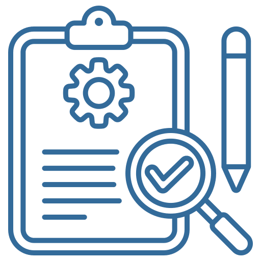 A blue icon of a clipboard and pen
